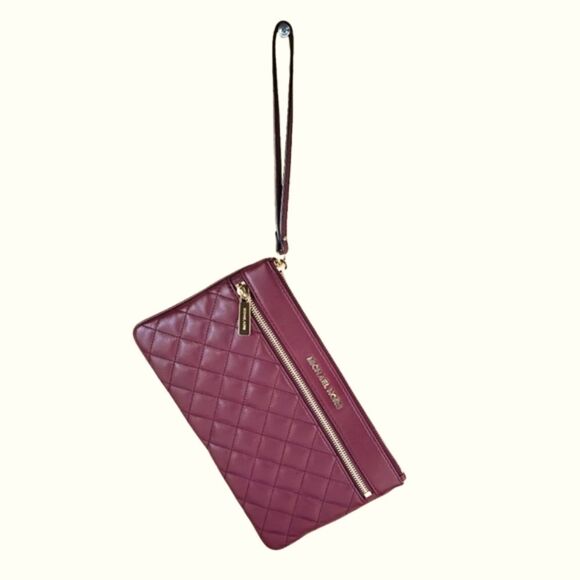 MICHAEL KORS Selma Zip Burgundy Quilted Large Leather Clutch &  Wristlet - Picture 7 of 11